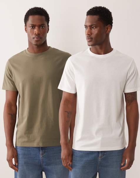 ASOS DESIGN Essentials 2 pack regular fit t-shirt in white and khaki