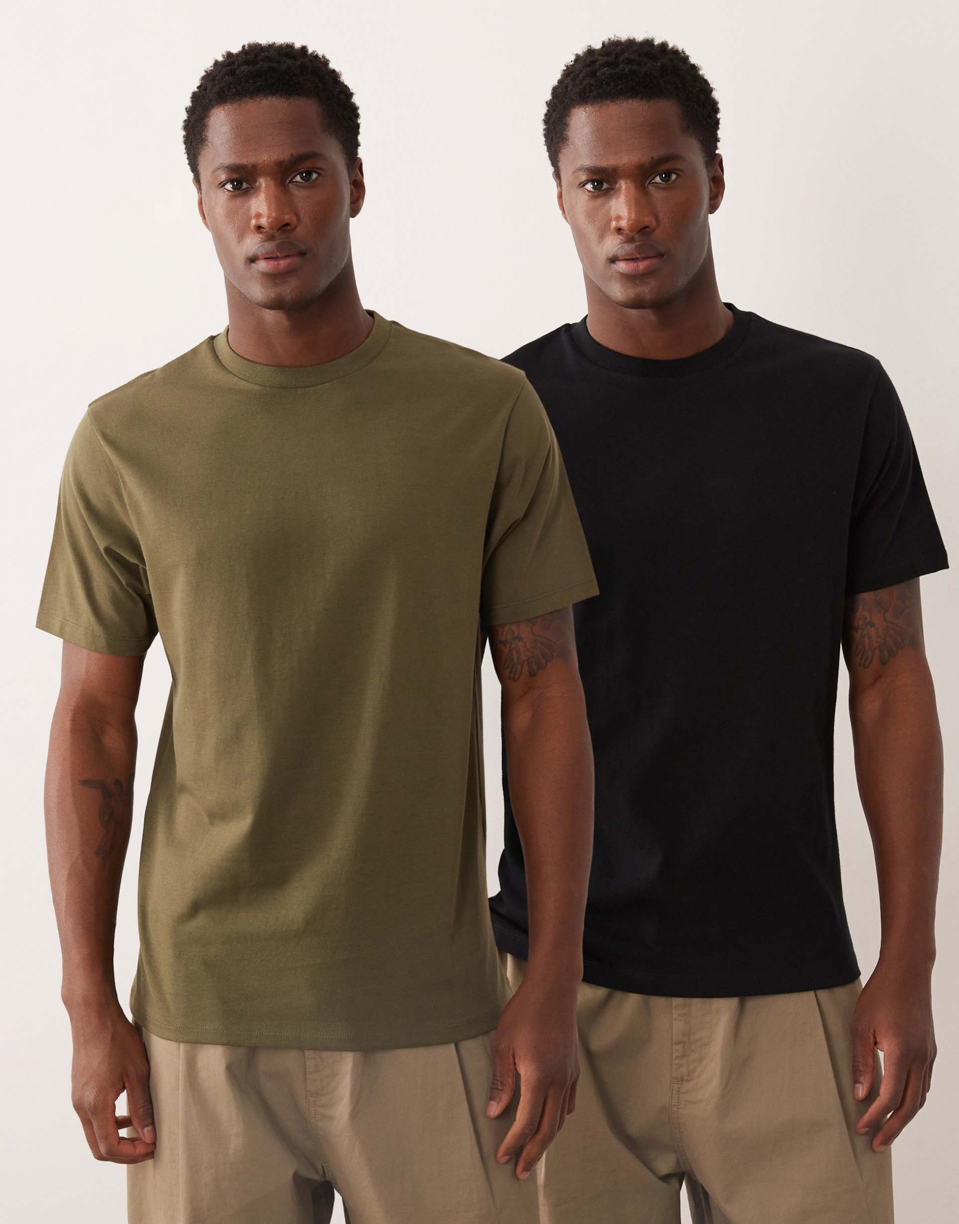 ASOS DESIGN Essentials 2 pack regular fit T-shirts in black and khaki