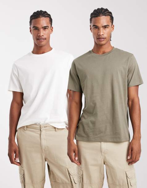 ASOS DESIGN Essentials 2 pack regular fit T-shirts in cream and khaki - view 1