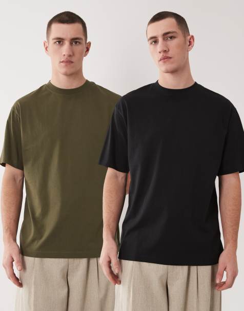 ASOS DESIGN Essentials 2 pack relaxed t-shirts in black and khaki - view 1