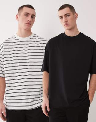 Essentials - 2er-Pack Oversize-T-Shirts in Schwarz und Cremeweiß gestreift-Bunt Bunt M