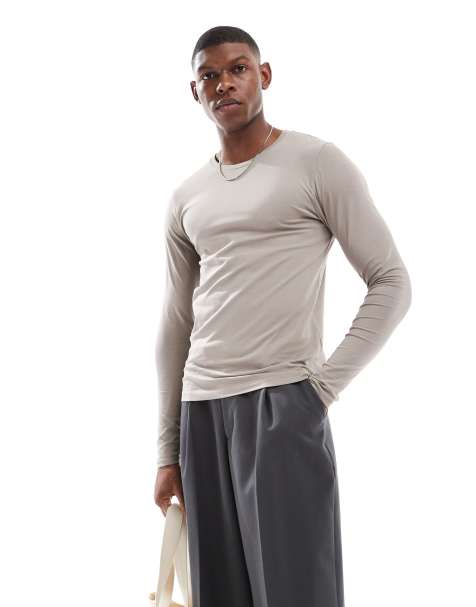 ASOS DESIGN - Essentials - Beige og tætsiddende T-shirt med lange ærmer - view 1