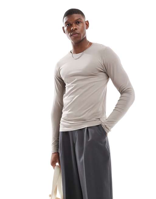 ASOS DESIGN - Essentials - Beige og tætsiddende T-shirt med lange ærmer