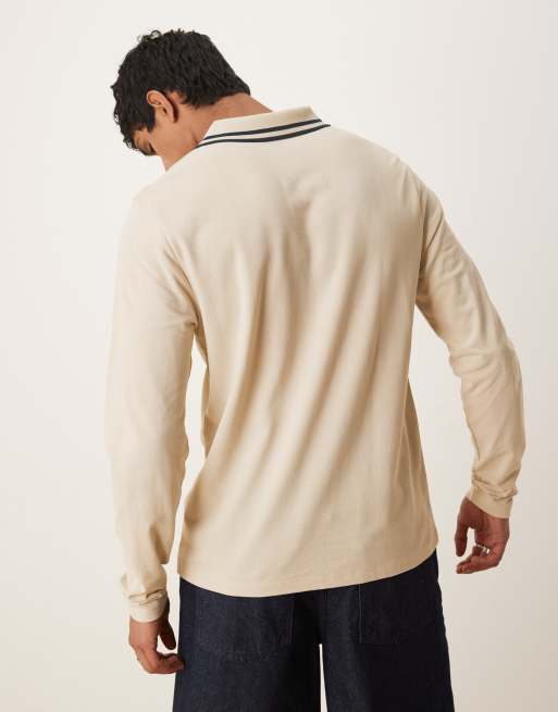 ASOS DESIGN – Essentials – Beige pikétröja med långa ärmar och marinblå kantränder, 3 av 4