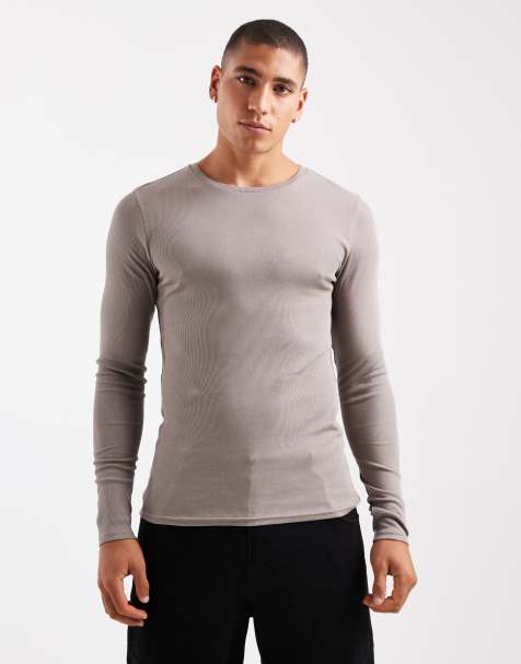 ASOS DESIGN – Essentials – Beige, ribbad t-shirt i muscle fit med långa ärmar - view 1