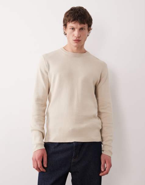 ASOS DESIGN - Essentials - Beige ribstrikket trøje med rund hals og lange ærmer - view 1