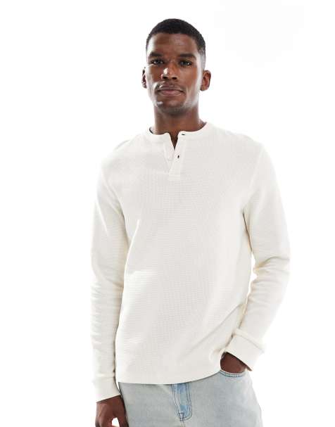 ASOS DESIGN Essentials – Beżowy T-shirt z długimi rękawami o waflowej fakturze z guzikami pod szyją - view 1