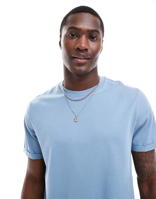 ASOS DESIGN - Essentials - Blå T-shirt med rund hals og oprullede ærmer