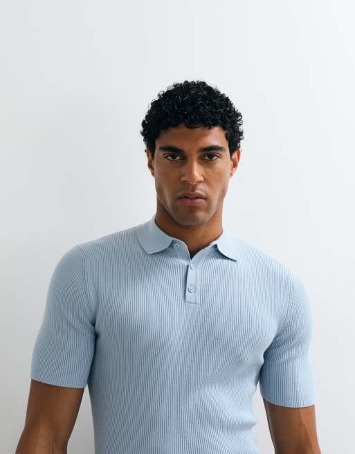 ASOS DESIGN - Essentials - Blå tætsiddende polo i fin ribstrik, 3 af 5