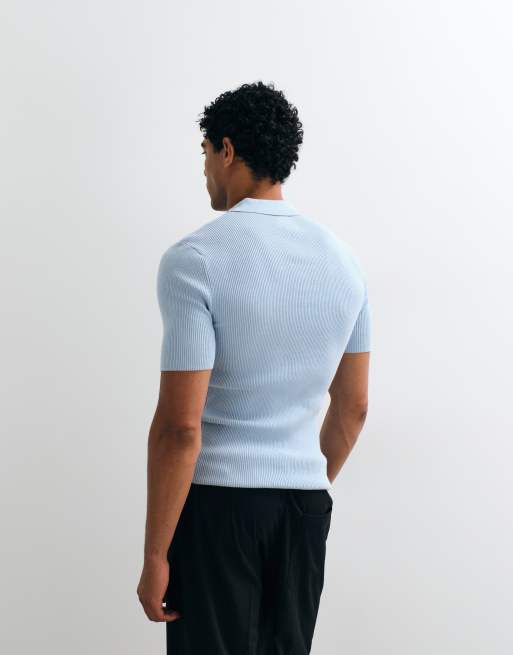 ASOS DESIGN - Essentials - Blå tætsiddende polo i fin ribstrik, 5 af 5