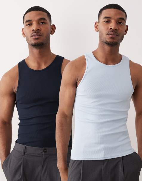 ASOS DESIGN – Essentials – Blått och marinblått, ribbat linne i muscle fit, 2-pack - view 1