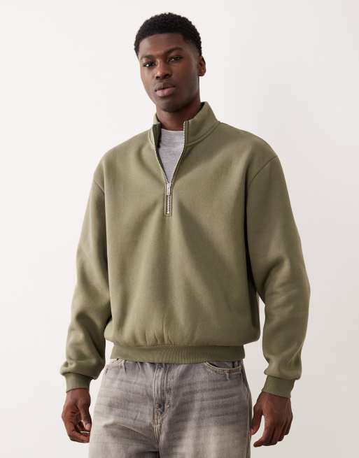 ASOS DESIGN – Essentials – Bluza w zgaszonym oliwkowym kolorze o luźnym kroju z zapięciem na zamek pod szyją