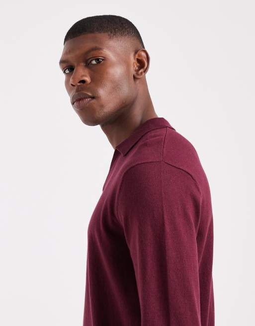 ASOS DESIGN - Essentials - Bordeauxrød langærmet polotrøje i strik med hak i halsen, 4 af 5