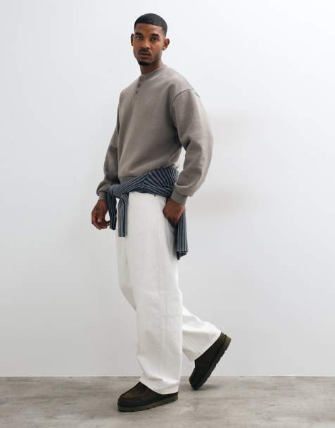 ASOS DESIGN essentials boxy oversized sweatshirt with henley neck in charcoal - CHARCOAL - view 1