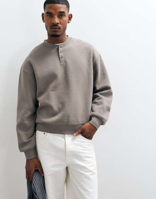 ASOS DESIGN essentials boxy oversized sweatshirt with henley neck in charcoal - CHARCOAL, 4 of 5