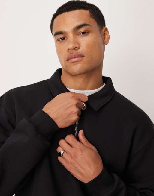 ASOS DESIGN Essentials boxy relaxed quarter zip collared sweatshirt in black