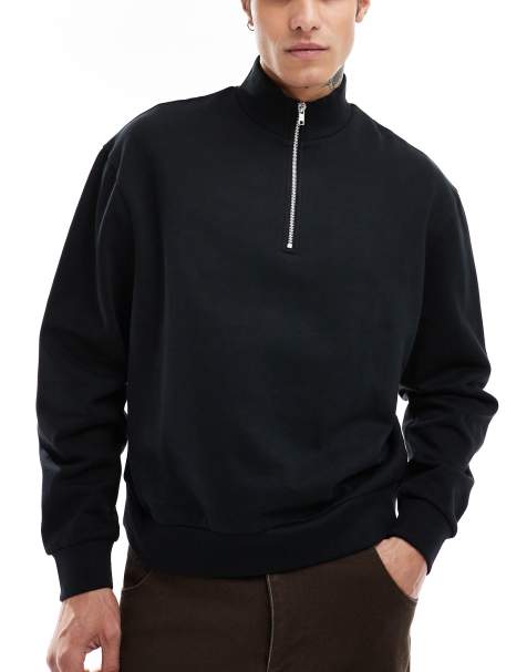 ASOS DESIGN essentials boxy relaxed sweatshirt with quarter zip in black - view 1