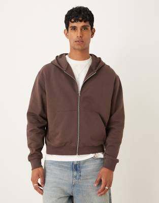 ASOS DESIGN Essentials boxy relaxed zip through hoodie in brown