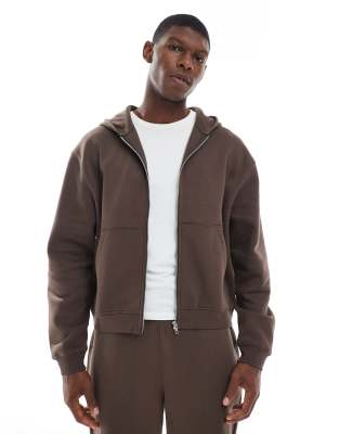 ASOS DESIGN Essentials boxy relaxed zip through hoodie in brown