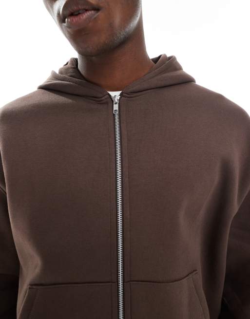 ASOS DESIGN essential boxy oversized zip up hoodie in brown