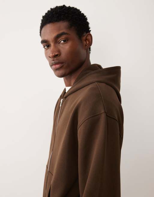 ASOS DESIGN essentials boxy relaxed zip through hoodie in brown, 4 of 5