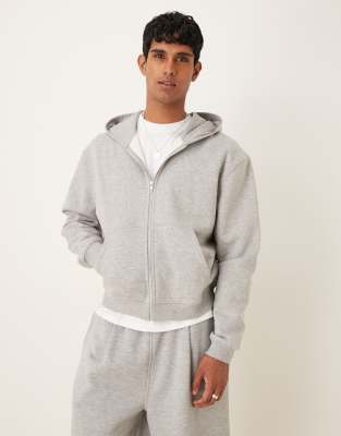 ASOS DESIGN Essentials boxy relaxed zip through hoodie in gray heather