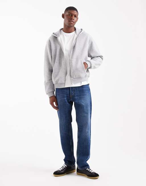 ASOS DESIGN Essentials boxy relaxed zip through hoodie in gray heather