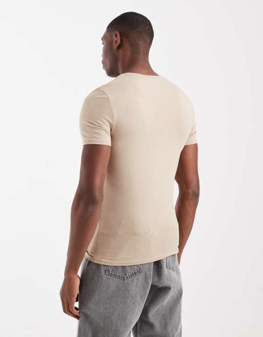 ASOS DESIGN - Essentials - Confezione da 2 T-shirt attillate verde scuro e tonalità neutra, 3 di 5