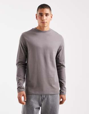 Asos Design Essentials Crew Neck Long Sleeve T-shirt In Gray