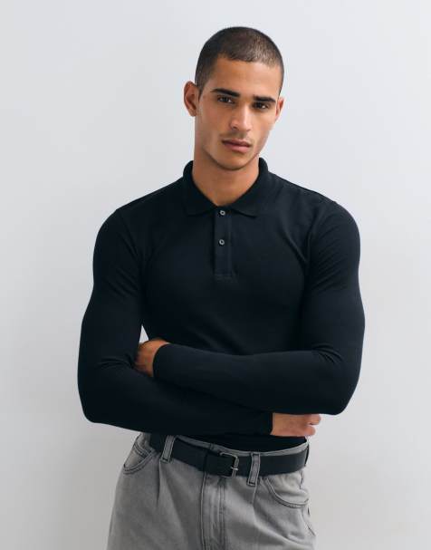 ASOS DESIGN – Essentials – Czarna koszulka polo z piki, o kroju podkreślającym sylwetkę, z długimi rękawami - view 1