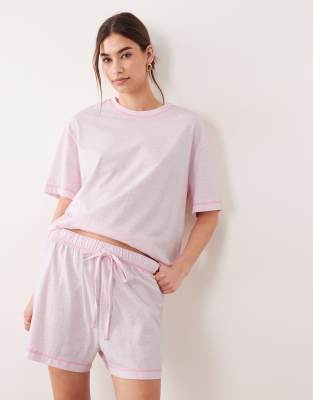 ASOS DESIGN - Essentials - Ensemble de pyjama avec short et t-shirt oversize à surpiqûres contrastantes - Vieux rose-Pas de couleur