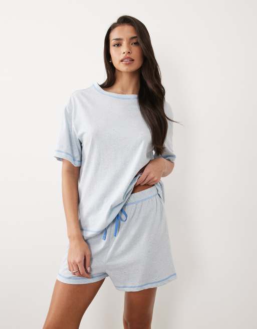 ASOS DESIGN - Essentials - Ensemble de pyjama t-shirt oversize et short à coutures surjetées contrastantes - Bleu moucheté, 2 de 4