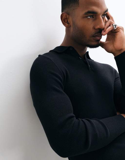 ASOS DESIGN Essentials fein gerippte, leichte Strick-Polo mit Muskelpassform in Schwarz - BLACK, 2 von 5