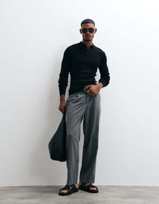 ASOS DESIGN Essentials fein gerippte, leichte Strick-Polo mit Muskelpassform in Schwarz - BLACK, 3 von 5