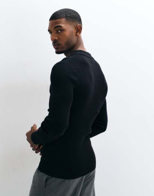 ASOS DESIGN Essentials fein gerippte, leichte Strick-Polo mit Muskelpassform in Schwarz - BLACK, 4 von 5