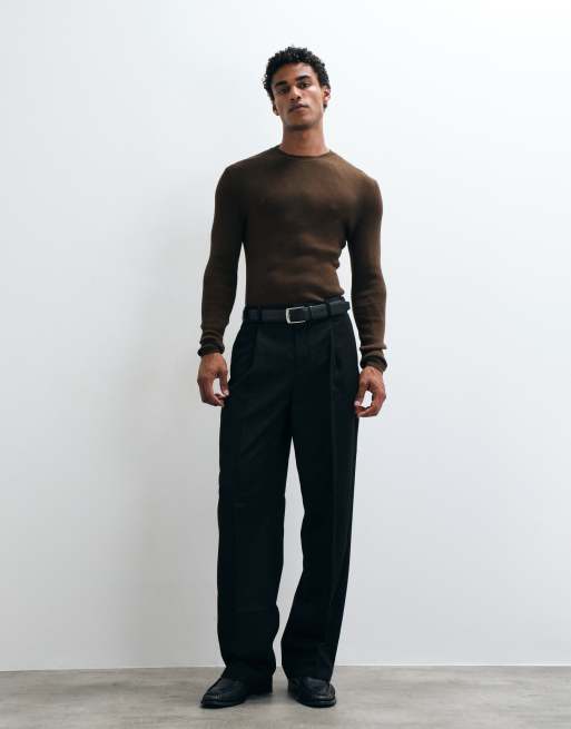 ASOS DESIGN Essentials fijn geribde muscle fit lichte gebreide trui in bruin, 3 van 5