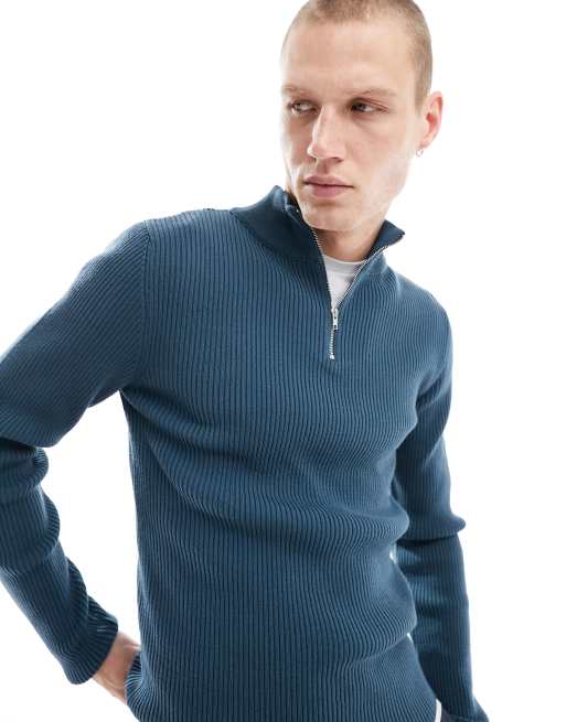 ASOS DESIGN - Essentials - Gebreide muscle fit trui met 1/2 rits in blauw