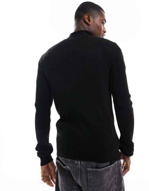 ASOS DESIGN - Essentials - Gebreide muscle fit trui met 1/2 rits in zwart, 2 van 4