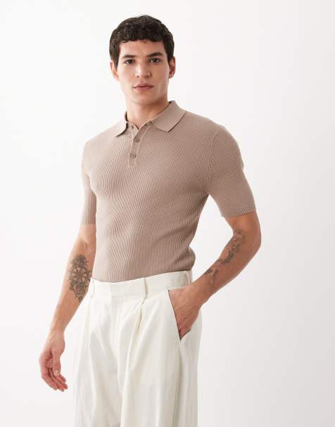 ASOS DESIGN - Essentials - Gråbrun tætsiddende polo i fin ribstrik - view 1