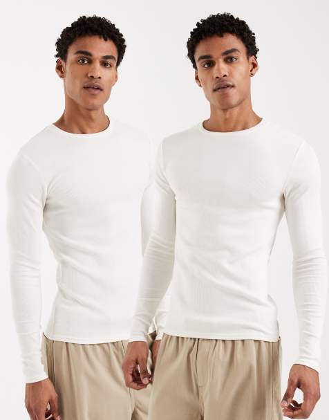 ASOS DESIGN – Essentials – Gräddvita, ribbade t-shirts i muscle fit med långa ärmar, 2-pack - view 1