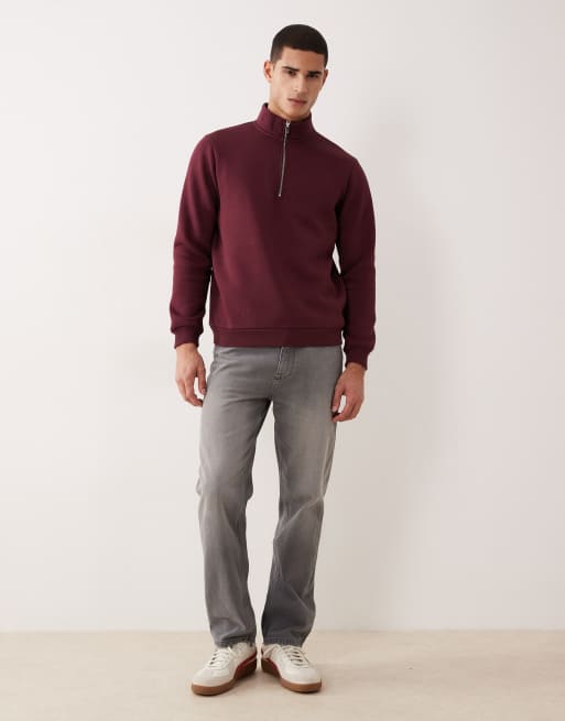 ASOS DESIGN essentials half zip sweatshirt in burgundy, 2 of 5