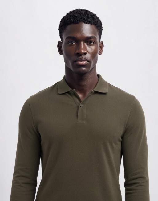 ASOS DESIGN – Essentials – Kakifärgad pikétröja i muscle fit med långa ärmar, 8 av 10