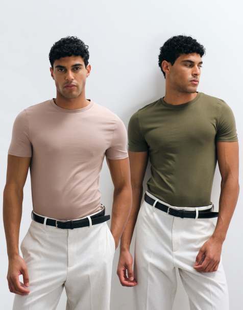 ASOS DESIGN – Essentials – Kakifärgade, beige t-shirts i muscle fit, 2-pack - view 1