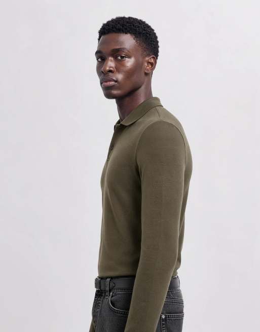 ASOS DESIGN - Essentials - Kakifarvet tætsiddende polo i piqué med lange ærmer, 10 af 10