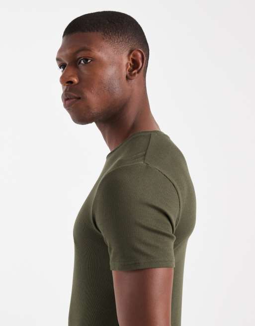 ASOS DESIGN – Essentials – Kakigrön, ribbad t-shirt i muscle fit , 4 av 5
