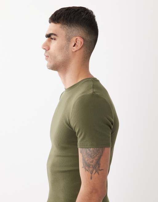 ASOS DESIGN – Essentials – Kakigrön, ribbad t-shirt i muscle fit, 4 av 5