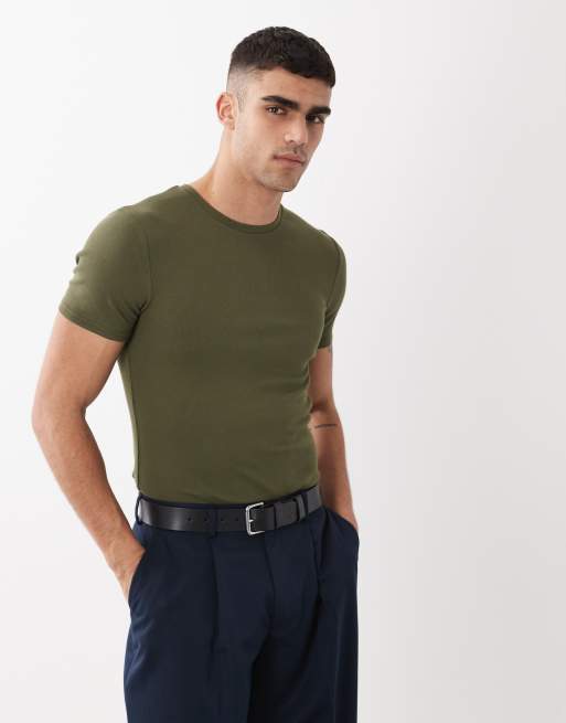 ASOS DESIGN – Essentials – Kakigrön, ribbad t-shirt i muscle fit, 5 av 5
