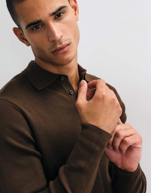 ASOS DESIGN Essentials knit lightweight polo in brown, 3 of 5
