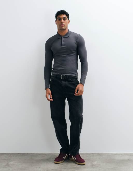 ASOS DESIGN – Essentials – Langärmliges Muskel-Polohemd aus Pikee in Anthrazit, 3 von 5