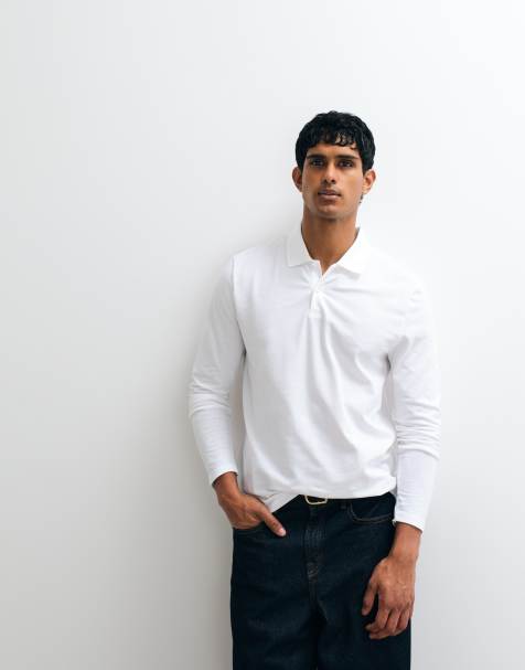 ASOS DESIGN - Essentials - Langærmet hvid poloskjorte i piqué med regular fit-pasform - view 1
